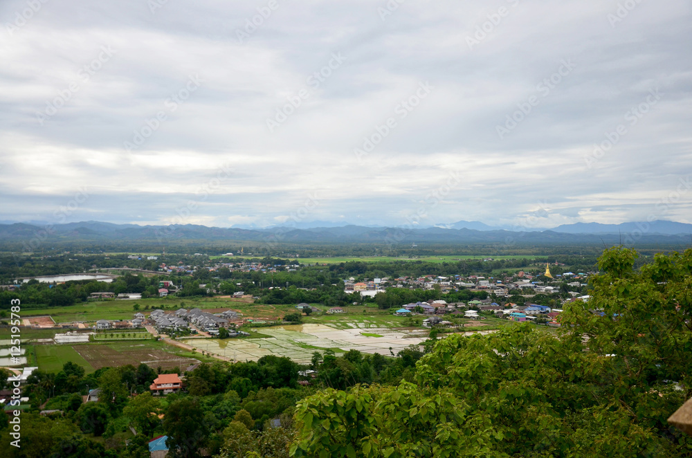 Aerial view landscape of Nan city from Wat Phra That Khao Noi