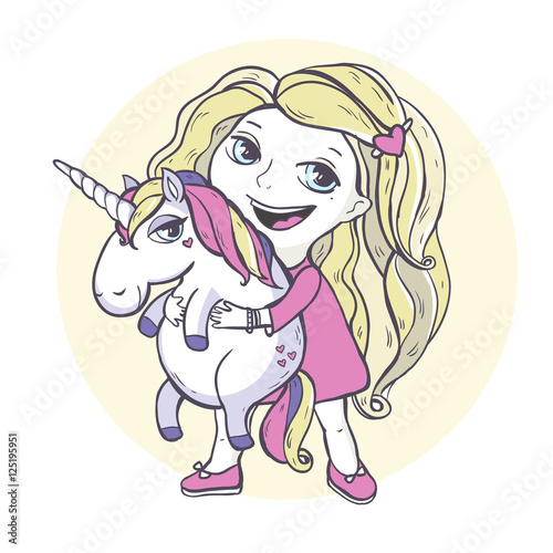 Girl and cartoon magic unicorn.
