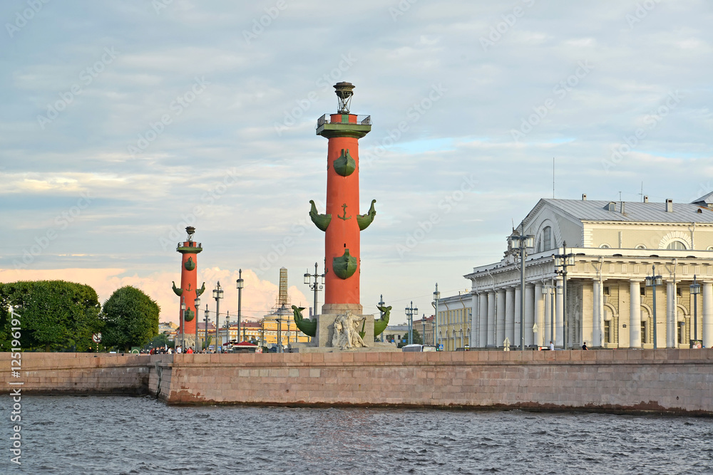 View of the Spit of Vasilyevsky Island in the summer evening. St