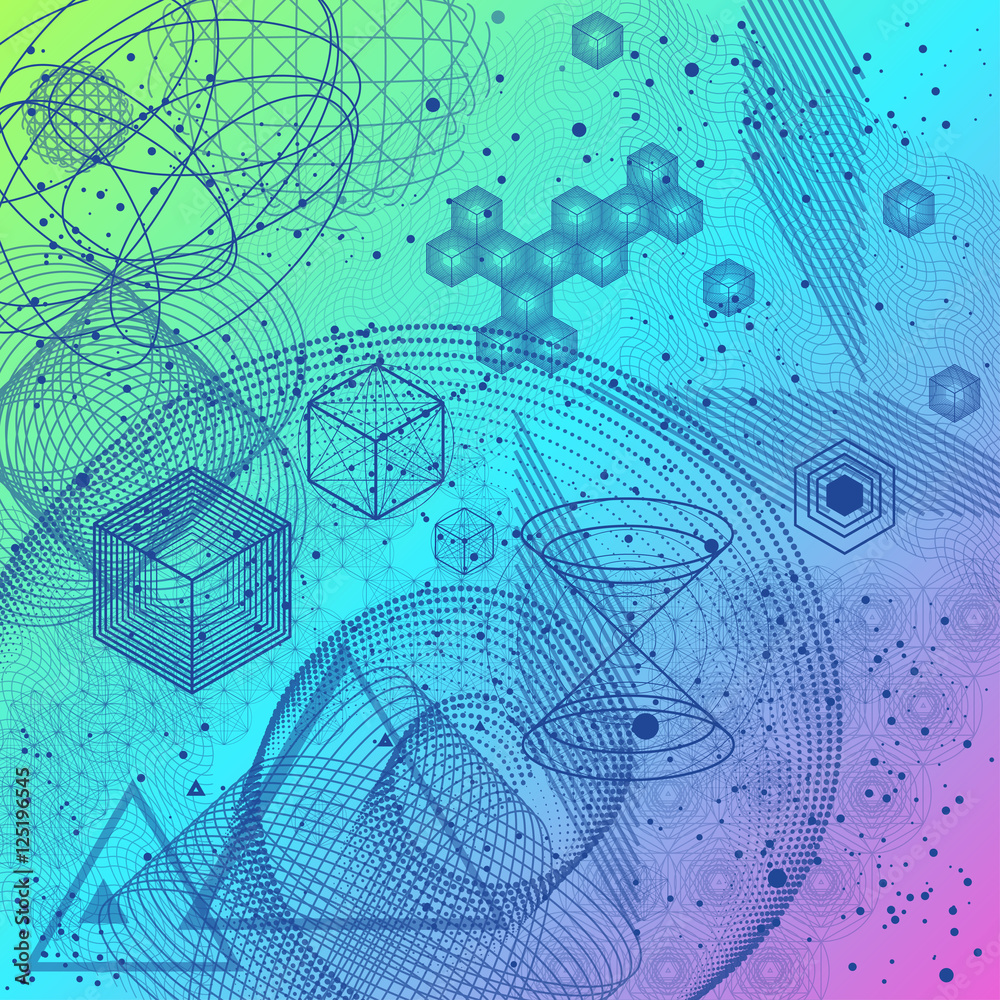 Sacred spiritual geometry symbols and elements background. Mesh with triangles, circles and squares. Geometric religion sign with spiritual energy. Spiritually theme.