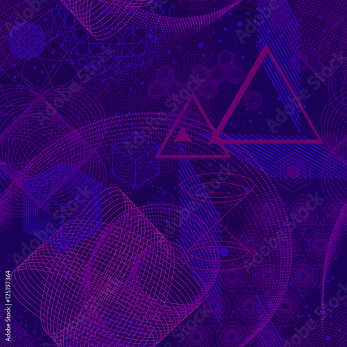 The science and mathematics abstract background with circles, cube, triangles and a lot of lines. Sacred geometry backdrop. The chemistry and astrology. Graphic elements for identity design.