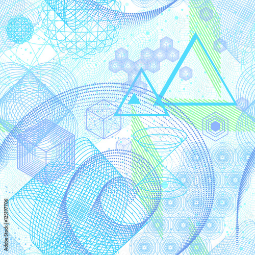 The science and mathematics abstract background with circles, cube, triangles and a lot of lines. Sacred geometry backdrop. The chemistry and astrology. Graphic elements for identity design.