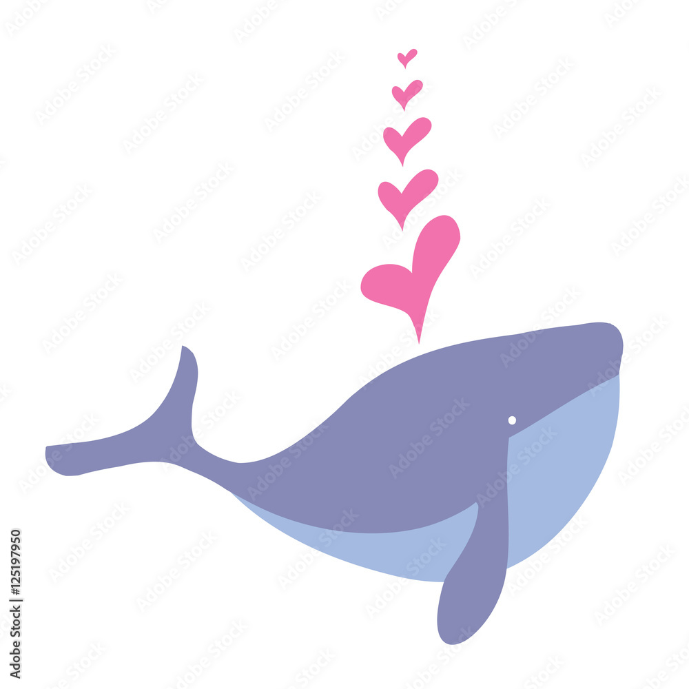 Obraz premium Happy cartoon whale and heart, water cartoon whale animal.