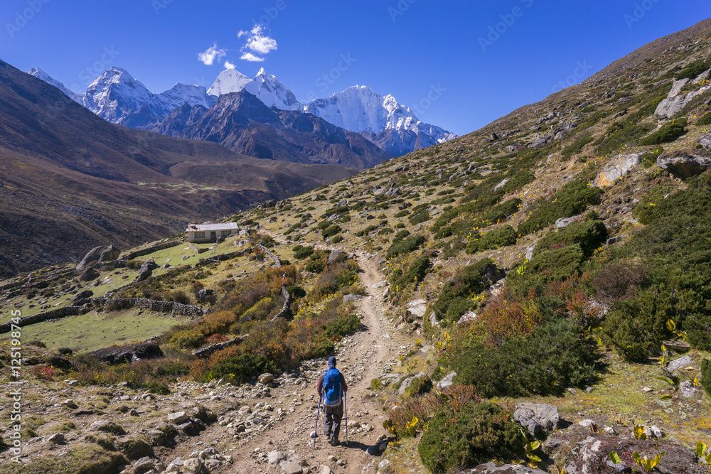 Unidentified Hiker in EBC trekking route. Hiking in Himalaa mountains area. Pheriche Village.