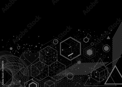 The science and mathematics abstract background with circles, cube, triangles and a lot of lines. Sacred geometry backdrop. The chemistry and astrology. Graphic elements for identity design.