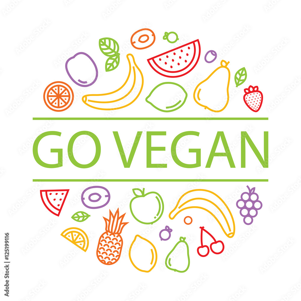 Go vegan. Fruits and berries isolated vector illustration for menu