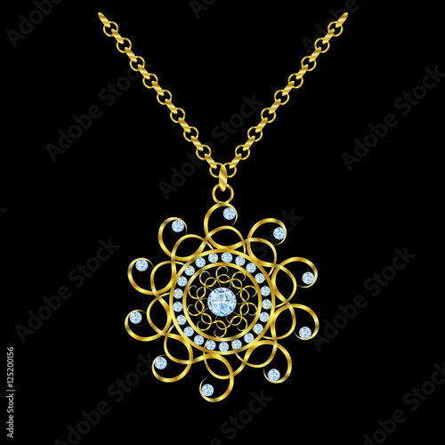 Golden chain necklace with round diamond pendant.