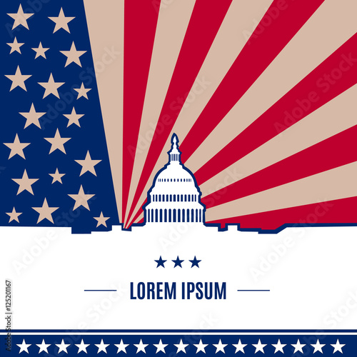 USA presidential election day concept with american flag on background in flat style. White house and Capitol building light silhouette with text  place on it. Vector illustration