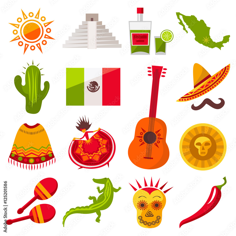 Mexico icons set. Sun, Moai pyramid, tequila, Mexico map, flag, cactus