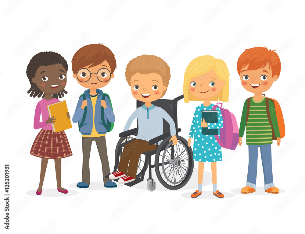 Disabled child with his international friends Disabled child with his international friends