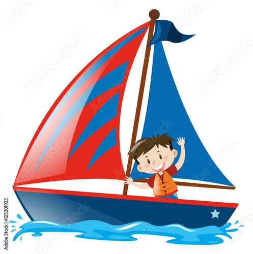 Boy on blue sailboat