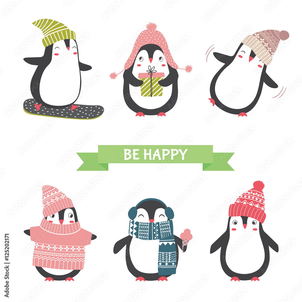 Naklejka premium Christmas and new year card with cute penguins in different clot