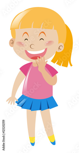 Little girl in pink shirt and blue skirt smiles