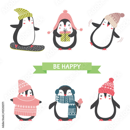 Christmas and new year card with cute penguins in different clot