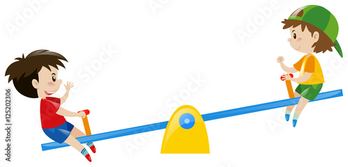 Two boys playing on seesaw