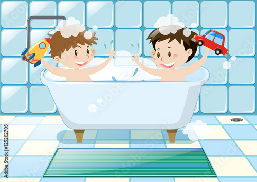 Two boys taking bubble bath