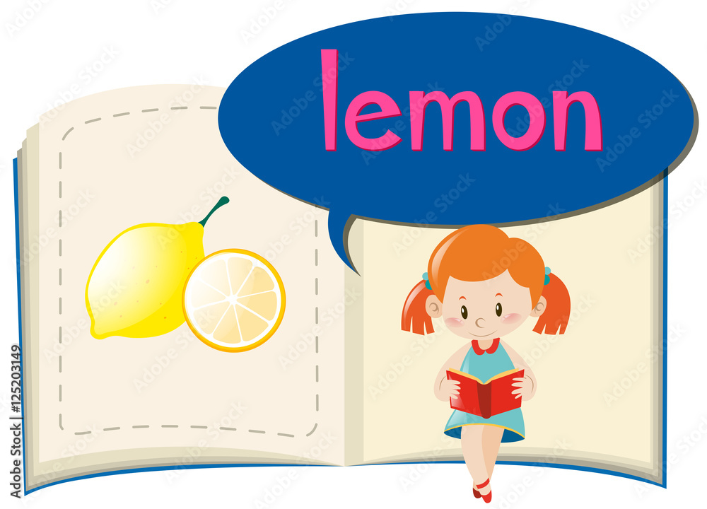 Girl and fresh lemon in the book