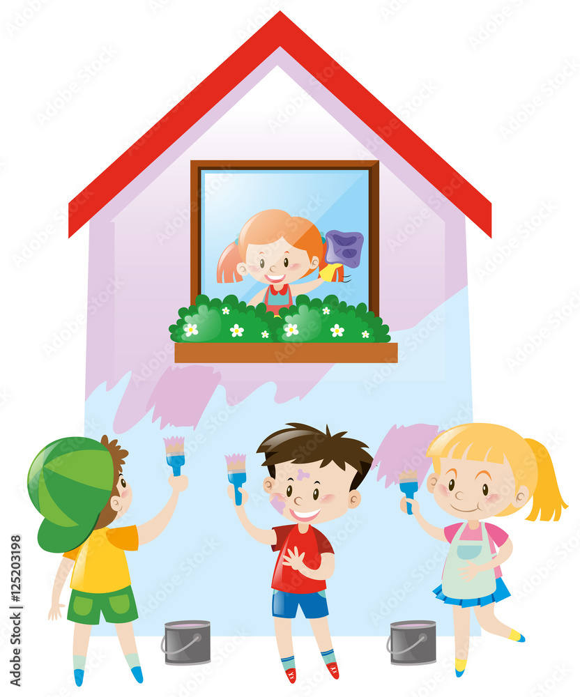 Children painting the house pink
