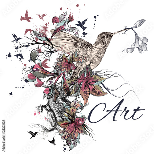 Vector background with lily flowers and bird in engraved style