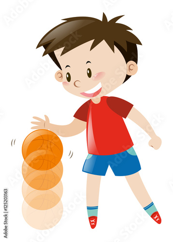 Boy in red shirt bouncing basketball