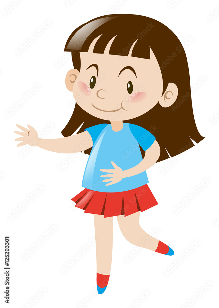 Little girl in blue shirt and red skirt
