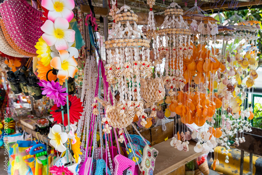 Fototapeta premium Miscellaneous seashells collection for sale at beach shops