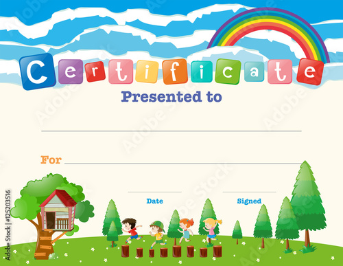 Certificate template with kids in field
