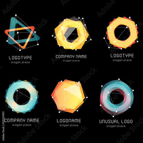 Unusual abstract geometric shapes. Vector logo set. Polygonal colorful logotypes collection on the black background.