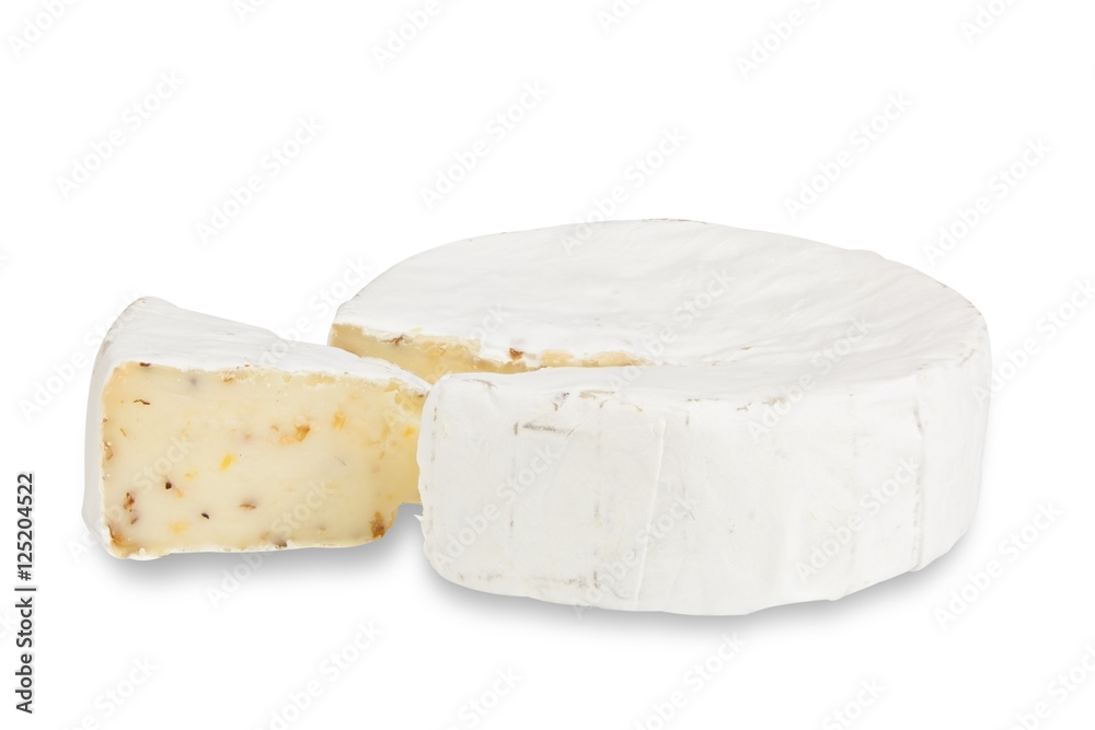Fresh brie cheese with white mold on a white background