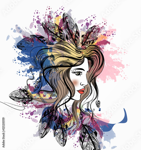 Beautiful girl with boho feathers on her head and ink spots
