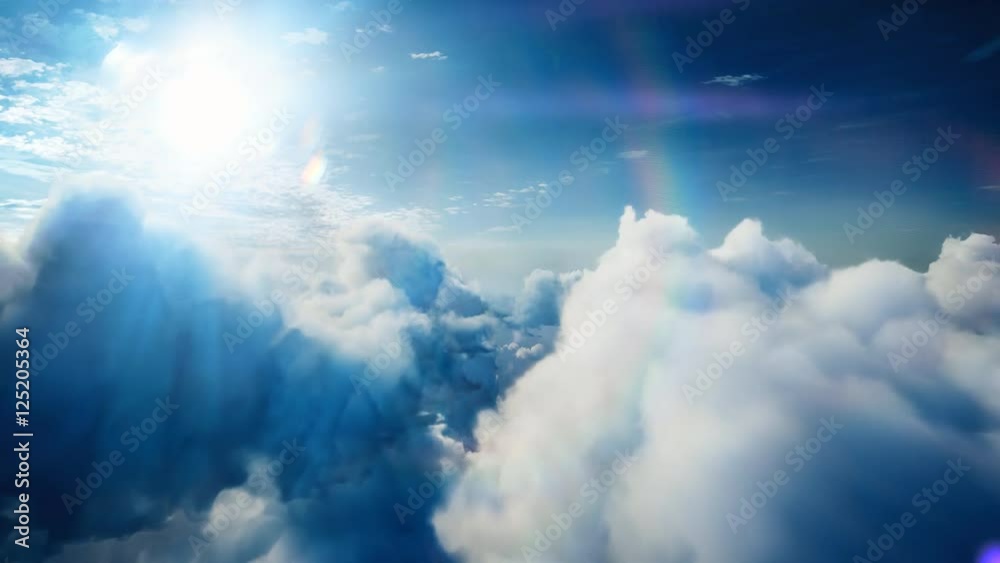 Flying over the timelapse clouds with the afternoon sun. Seamlessly looped animation. Flight through moving cloudscape with beautiful lens flare. Perfect for cinema, background, digital composition