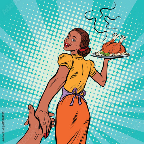 follow me African-American housewife with roast Turkey