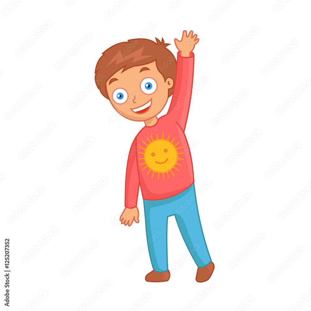 Cheerful little boy with the sun on red jacket