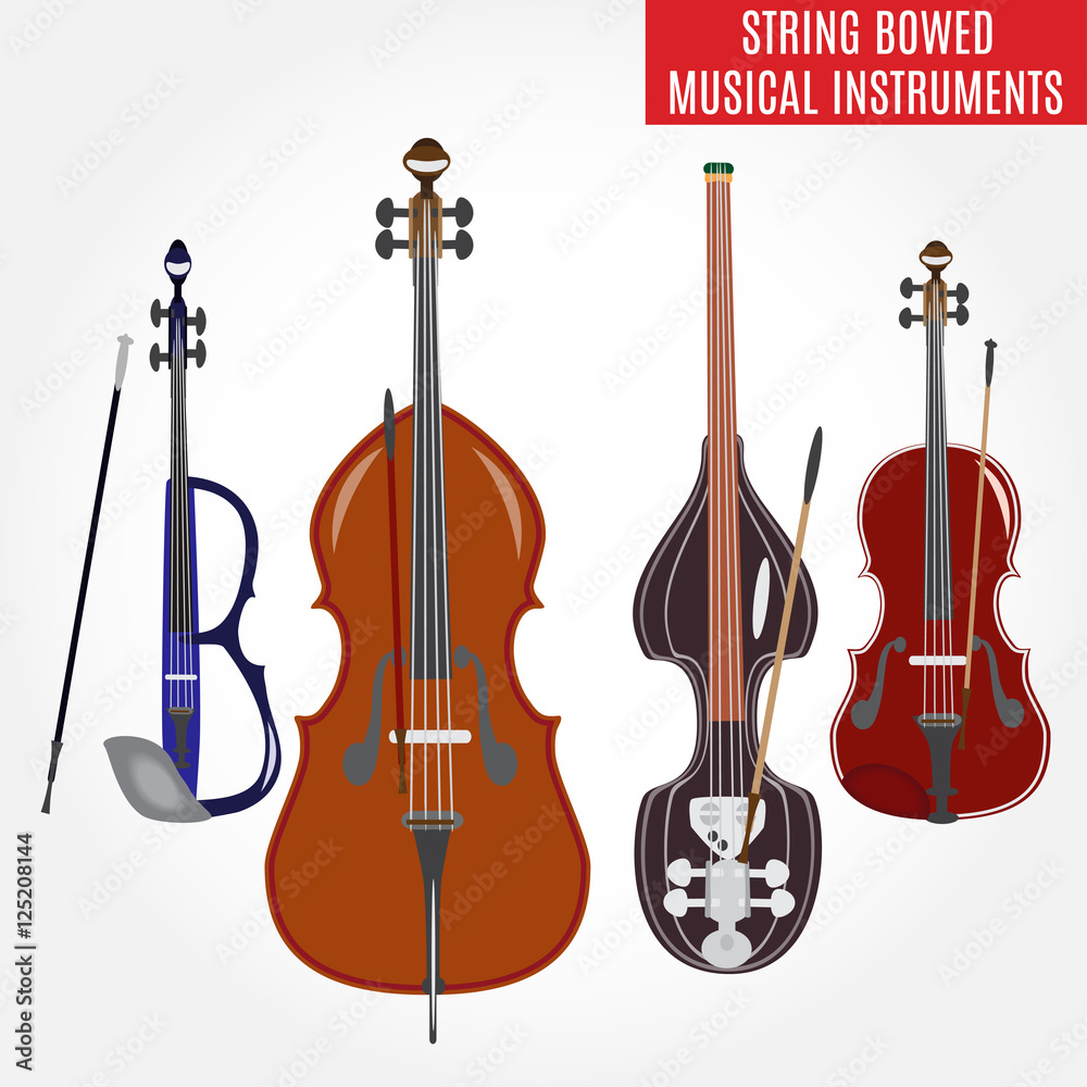 Set of string bowed musical instruments, vector illustration Stock