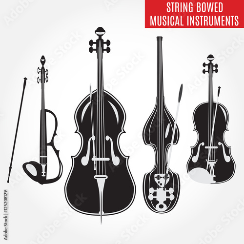 Set of black and white string bowed musical instruments, vector illustration