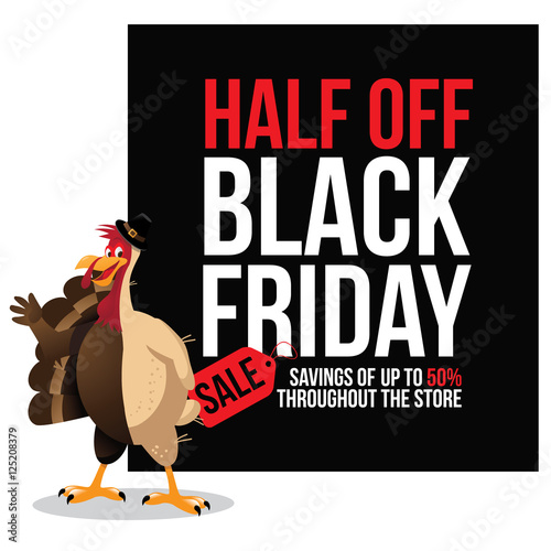 
Half off Black Friday sale with half plucked cartoon turkey. EPS 10 vector.