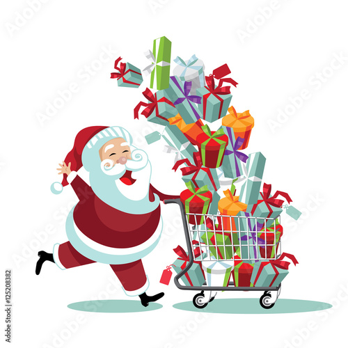 Cartoon Santa Claus pushing a Christmas shopping cart overflowing with tumbling gifts. EPS 10 vector. © Michele Paccione