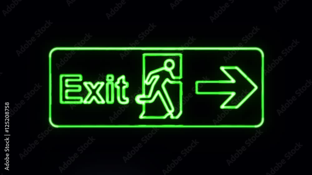 Realistic Green Neon Exit Sign in Neon Style Turning On Realistic Green Neon Exit Sign in Neon Style Turning On