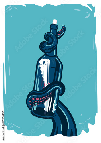 Message in bottle. Octopus tentacles hold a letter.