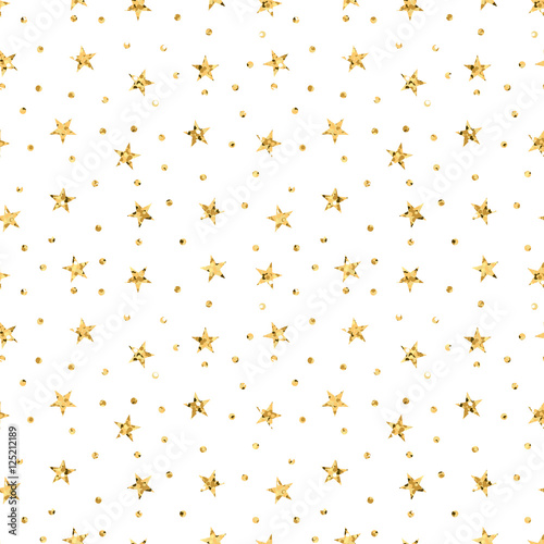 Stars polka dots seamless pattern gold and white retro background. Abstract bright golden design for wallpaper, christmas decoration, confetti, textile, wrapping. Symbol holiday Vector illustration