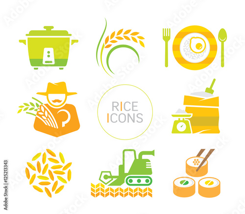 rice icon set. flat decorative symbols on white background.