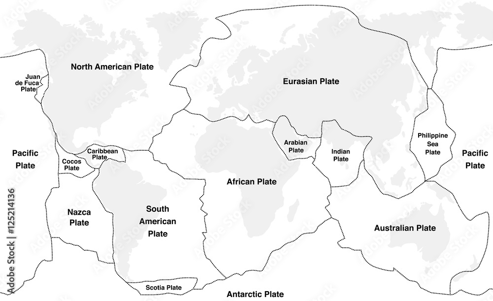 Tectonic plates with names - world map with fault lines of major an minor  plates. vector de Stock | Adobe Stock