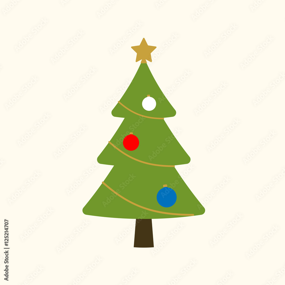 Christmas tree with balls, star. Cartoon icon. Green silhouette decoration sign, isolated on white background. Flat design. Symbol of holiday, Christmas, New Year celebration. Vector illustration Christmas tree with balls, star. Cartoon icon. Green silhouette decoration sign, isolated on white background. Flat design. Symbol of holiday, Christmas, New Year celebration. Vector illustration