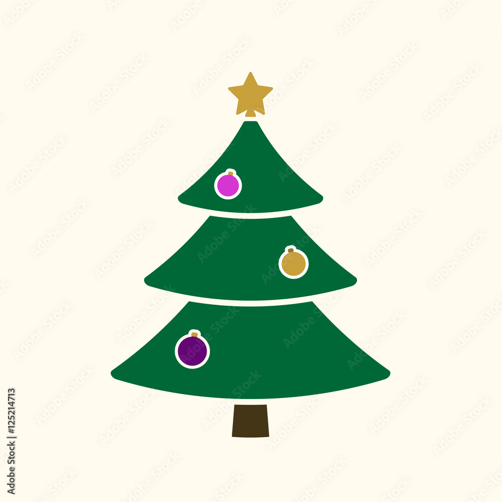 Christmas tree with balls, star. Cartoon icon. Green silhouette decoration sign, isolated on white background. Flat design. Symbol of holiday, Christmas, New Year celebration. Vector illustration Christmas tree with balls, star. Cartoon icon. Green silhouette decoration sign, isolated on white background. Flat design. Symbol of holiday, Christmas, New Year celebration. Vector illustration
