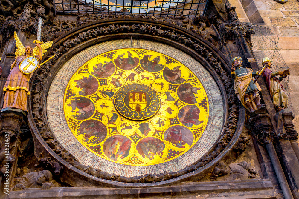 Close-up view on the famous astronomical clock on the town hall in Prague