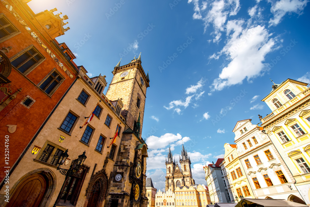 Wunschmotiv: Cityscape view on the clock tower and Tyn cathedral in the old town of Prague #12521476