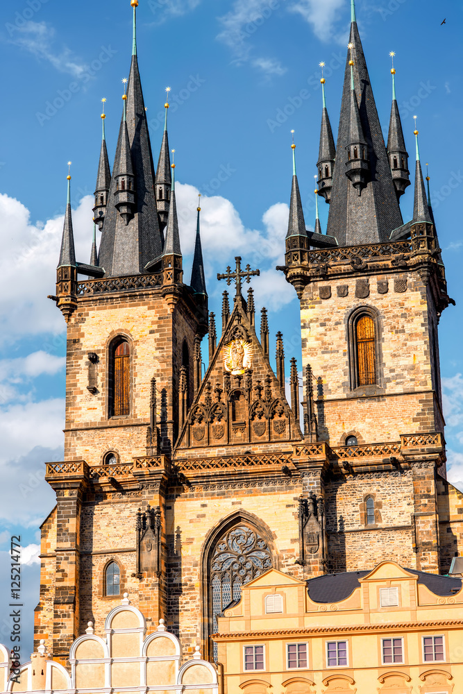 View on famous Tyn cathedral in the old town of Prague