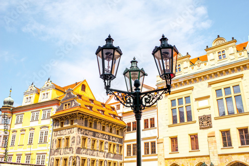 View on the buildings and street lantern on the old square in Prague
