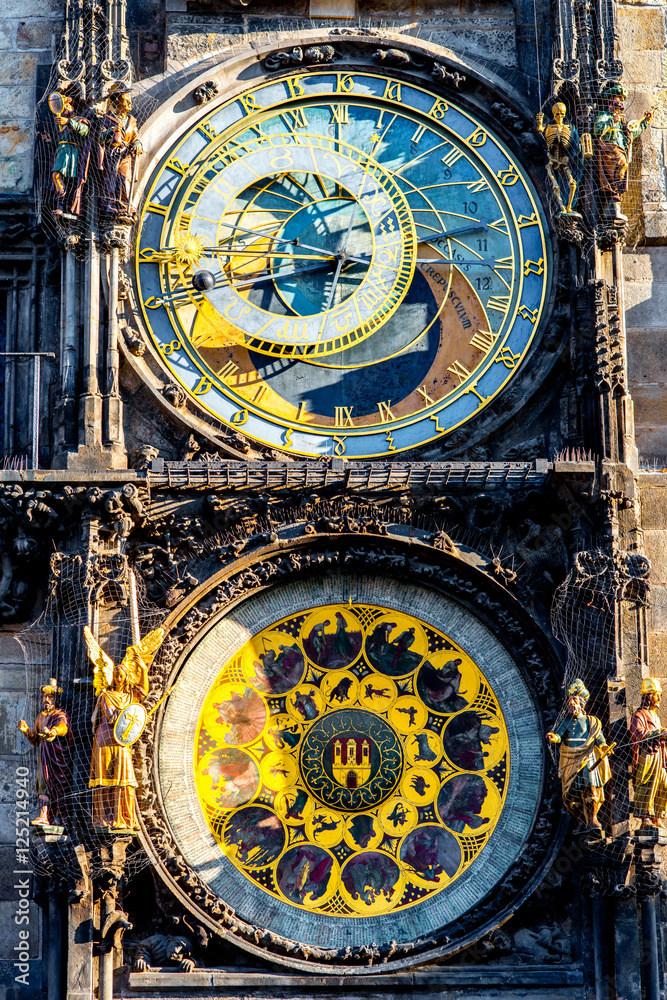 Close-up view on the famous astronomical clock on the town hall in Prague