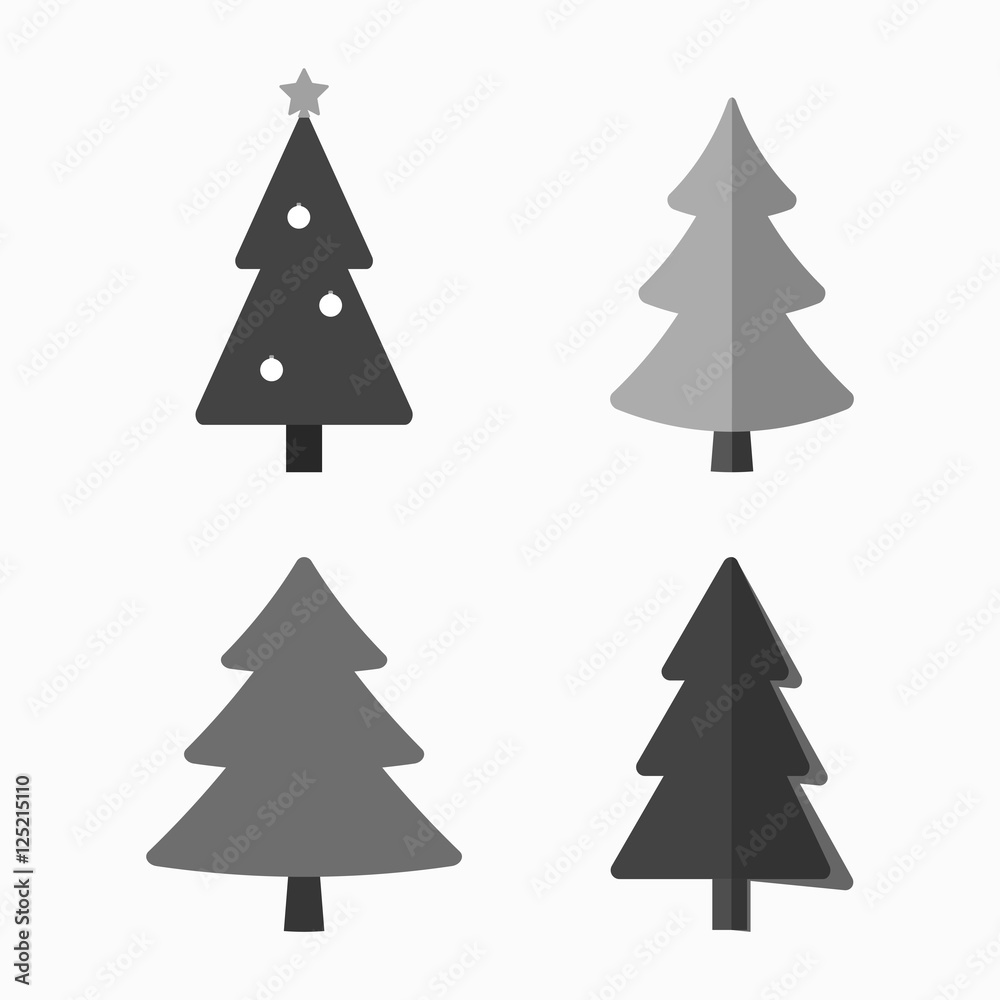 Obraz premium Christmas tree cartoon icons set. Black silhouette decoration trees signs, isolated on white background. Flat design. Symbol of holiday, winter, Christmas celebration, New Year Vector illustration